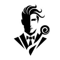 Stylized Black and White Portrait of a Man in a Tuxedo with a Curly Element, Artistic . vector