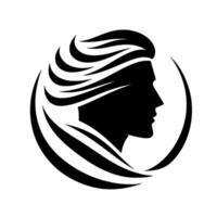 Stylized Black Silhouette of a Persons Profile with Flowing Hair Enclosed in a Circular Frame, Minimalist . vector