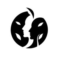 Symbolic Black and White Composition Two Silhouetted Faces Merging Within LeafShaped Forms, Representing Connection and Unity. vector