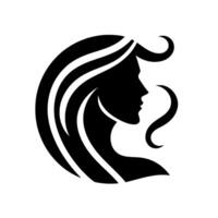 Silhouette of a womans profile with flowing stylized hair in black and white, representing beauty and grace on a plain background. vector