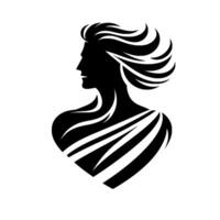Silhouette of a persons profile, styled with flowing hair and decorative shoulder accents, set against a clean white backdrop for a bold, minimalist aesthetic. vector