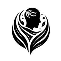 Silhouetted profile of a head with natureinspired elements, featuring a leaf crown and surrounded by stylized foliage, in a symmetrical, minimalist composition. vector