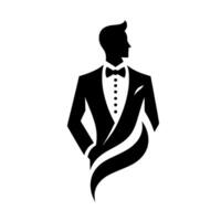 Elegant Silhouette of a Man in Tuxedo with a Bowtie and Wave , Formal Wear, Sophistication. vector