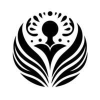 Elegant Black and White Emblem A Stylized Human Figure Embraced by Winglike Foliage within a Circular Composition vector