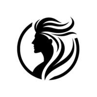 Silhouette of a womans profile with elegant, flowing hair, framed by a circular border, in a clean, minimalist style. vector