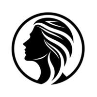 Silhouetted Womans Profile Inside a Circular Frame, with flowing hair. A minimalist monochrome representing beauty. vector
