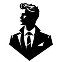 Silhouette of a stylish man in a suit and tie, with a bold hairstyle, viewed in profile against a stark white background. vector