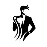 Silhouette of a stylish man, facing away, in a suit with abstract triballike shapes. A modern illustration. vector