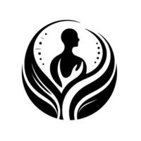 Silhouetted figure encircled by stylized leaves and a dotted arc, symbolizing growth, wellbeing, and harmony, in a minimalist . vector