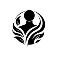 Silhouette of a person embraced by stylized leaves and botanical elements within a circular frame, rendered in black and white minimalism. vector
