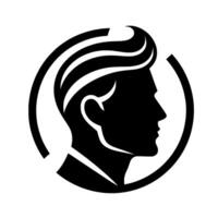 Stylized black and white silhouette profile of a man within a circle, highlighting haircut and facial features. vector