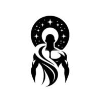 Muscular figure with flowing and star halo, representing strength, celestial connection, and modern spiritual power in a minimalist illustration. vector