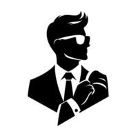 Black and White Silhouette of a Stylish Man in a Suit and Sunglasses, Examining His Wristwatch, Showing Elegance and Confidence. vector