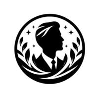 Elegant Black Silhouette of a Professional in a Suit, Surrounded by Leaves and Stars within a Circular Frame. vector