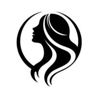 Elegant Black Silhouette of a Womans Profile with Flowing Hair Framed in a Circular on White Background. vector