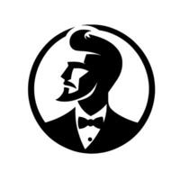 A stylized, minimalist black and white portrait of a distinguished gentleman with a beard, bowtie, and a unique coiffure framed within a circle. vector