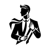 Silhouette of an elegant businessman in a suit, adjusting his tie, in black and white, with a clean and stylized . vector