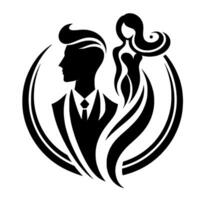 Elegant Black and White Silhouette Man in Suit and Woman in Dress, Symbolic Representation of a stylish couple within an oval frame. vector