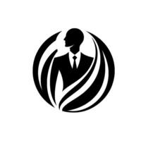 A stylized black and white featuring a suited businessman within a circular, flowing , symbolizing professionalism. vector