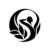 A serene black and white depicts a figure reaching up within an elegant, flowing and botanical elements, symbolizing growth. vector