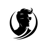 Silhouette of a stylish man with sunglasses and modern hairstyle inside a stylized crescent frame. vector
