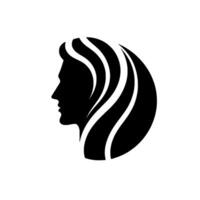 A stylized, symmetrical silhouette of a womans profile, with flowing hair cascading across a dark, circular background against a stark white backdrop. vector
