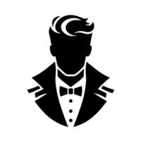 Elegant Black Silhouette A Gentleman in Tuxedo with Stylish Hair, Bow Tie, and ButtonDown Shirt on a White Background. vector