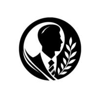 Black and White Silhouette of a Business Professional Profile Within a Circle, Paired with Olive Branch, Representing Leadership. vector