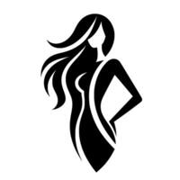 Minimalist of a Stylish Woman Posing, Black Silhouette, Flowing Hair, and White Outline on White. vector