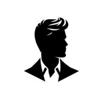 Elegant Silhouette A profile of a man in a suit, showcasing modern hairstyle, in bold black against a stark white backdrop. vector