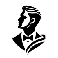 Elegant Silhouette A stylized black and white illustration of a man in a tuxedo, showcasing a classic profile with a bow tie and a sophisticated hairstyle. vector