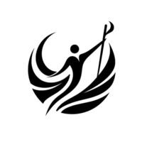 Stylized black silhouette of a human figure with a staff, encircled by abstract flowing shapes, conveying strength and aspiration. vector