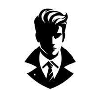A striking monochrome portrait of a man in a suit and tie, featuring strong contrasting shadows across his face, conveying mystery and sophistication. vector