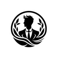 Silhouette of a Businessman in a Suit, Framed by Laurel Leaves and a Circle, Representing Success and Professionalism. vector