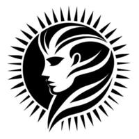 Stylized Silhouette Black and white of a womans face emerging from a sunburst , minimalist and bold. vector