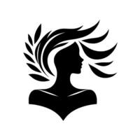 Silhouette of a womans profile with flowing hair and laurel leaves, a minimalist black and white . vector