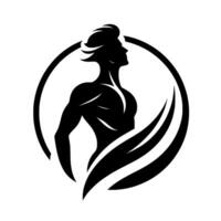 Bold Silhouette of a Muscular Male Figure Profiled in a Circle with Leaflike Shapes, Black White, Athletic Modern vector