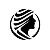 Silhouette of a womans profile with a stylized, striped hairstyle, contained within a circle against a white background. vector