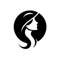 Elegant Silhouette A stylized black and white of a womans profile within a circular frame, featuring flowing hair and hat. vector