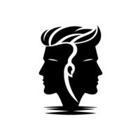 A symmetrical black and white showing two silhouetted male faces merged and connected by a single element, with stylized hair and a neutral background. vector