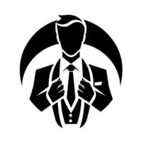 Silhouette of a confident businessman in a suit, depicted in a minimalist, bold, and style with a semicircular background, conveying power and professionalism. vector