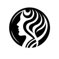 Silhouette of a Womans Profile with Flowing Hair MoonLike Element Enclosed in a Circular, Black and White Composition vector
