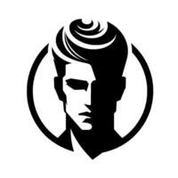 Stylized monochrome portrait of a man with a sculpted quiff hairstyle in a circular frame, embodying a sleek, modern aesthetic. vector