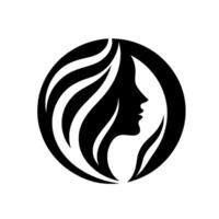 Silhouetted Womans Profile with Flowing Hair Enclosed in a Black Circular Frame, Depicting Beauty and Elegance on a White Background. vector