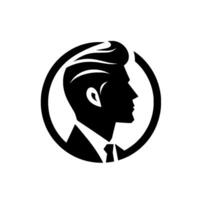 Stylized Silhouette of a Mans Profile, Enclosed in a Circle, Sporting a Modern Hairstyle and Formal Attire, Symbolizing Sophistication and Professionalism. vector