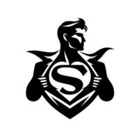 A stylized, minimalist black and white illustration of a superhero revealing the iconic S shield emblazoned on his chest, symbolizing strength and heroism. vector