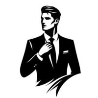 A sophisticated black and white illustration of a businessman in a suit, adjusting his tie, with clean lines and bold shadows, conveying confidence. vector