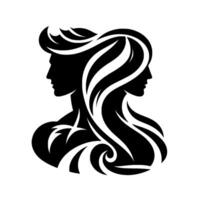 A stylized black and white silhouette depicting two profiles, a man and a woman, intertwined in a symmetrical with flowing hair and abstract body art. vector