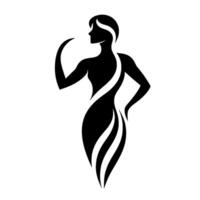 Elegant Black and White Silhouette of a Woman in a Flowing Gown, Reaching Out with Graceful Arm Gesture on a White Background. vector