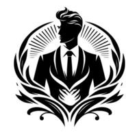 Stylized Black White Silhouette of a Man in a Suit with a radiating halo and floral elements, conveying elegance. vector